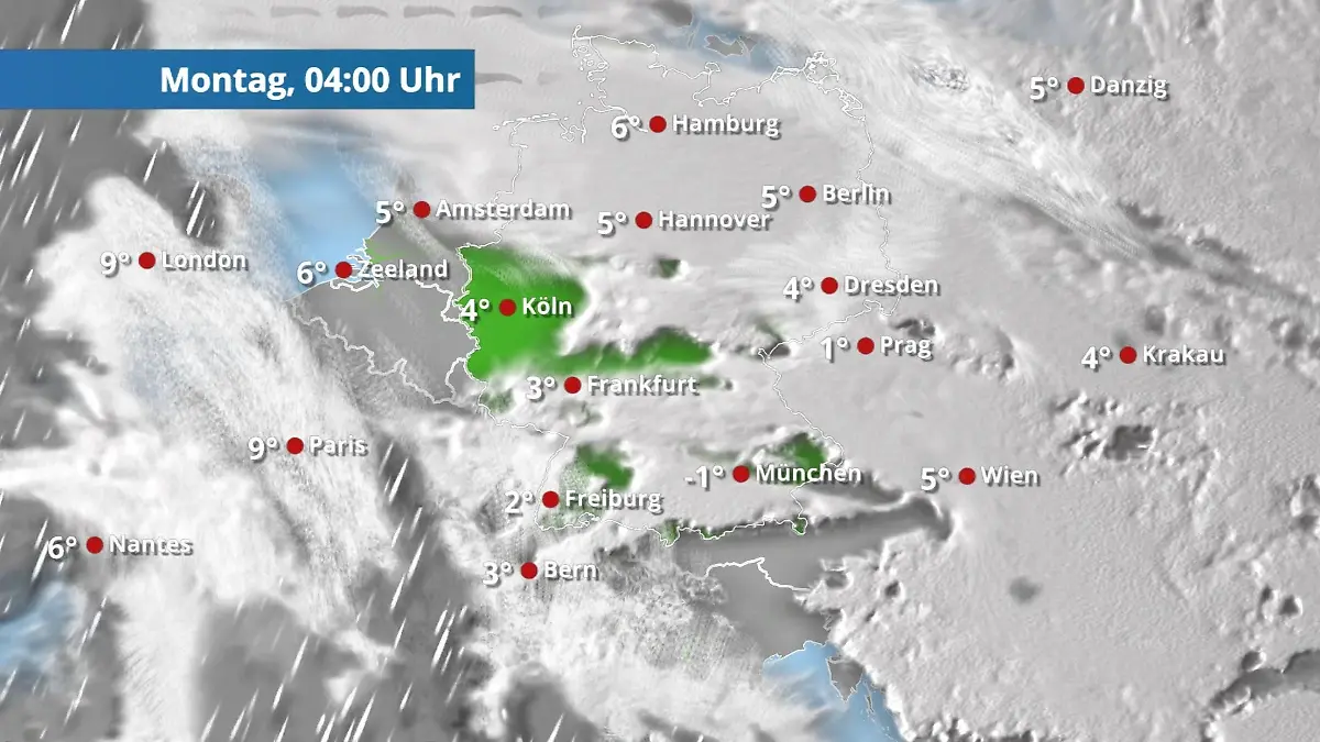 Ostwind schiebt Wolken über die Nordhälfte Der Regen- und Wolkenfilm für 48 Stunden