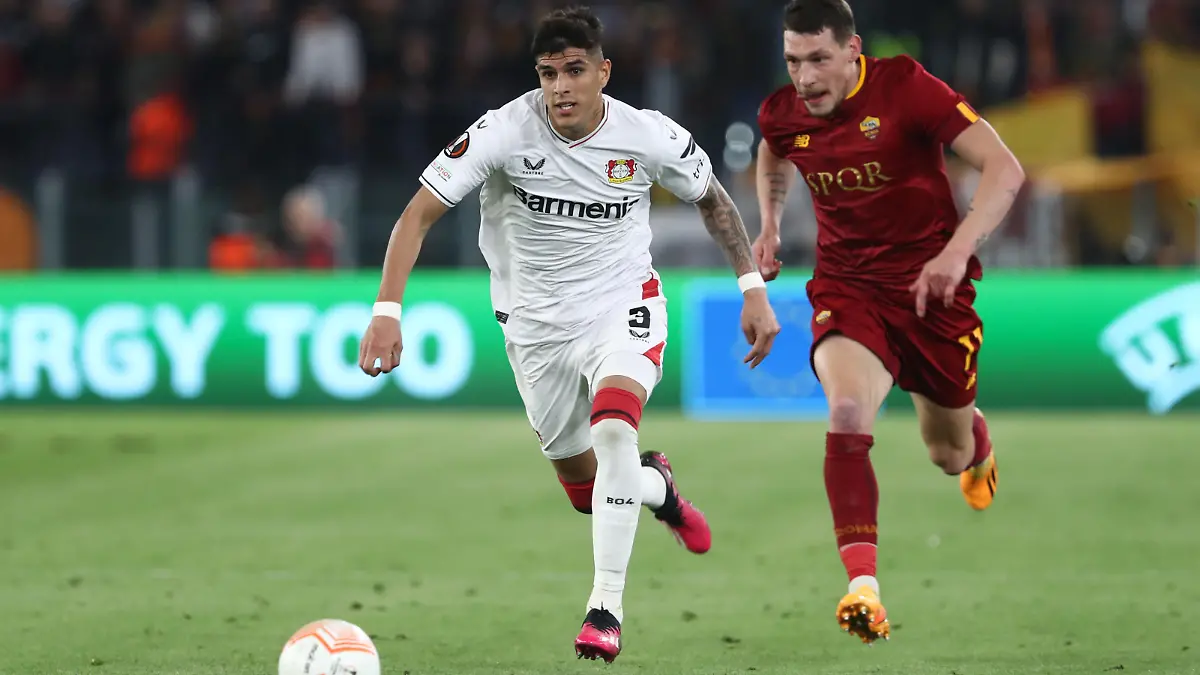 Rome, Italy 11.05.2023: Piero Hincaple of Leverkusen, Andrea Belotti of Roma in action during the UEFA EUROPA LEAGUE 2022/2023, semifinal football match AS Roma vs Bayer 04 Leverkusen at Olympic stadium in Rome, Italy.