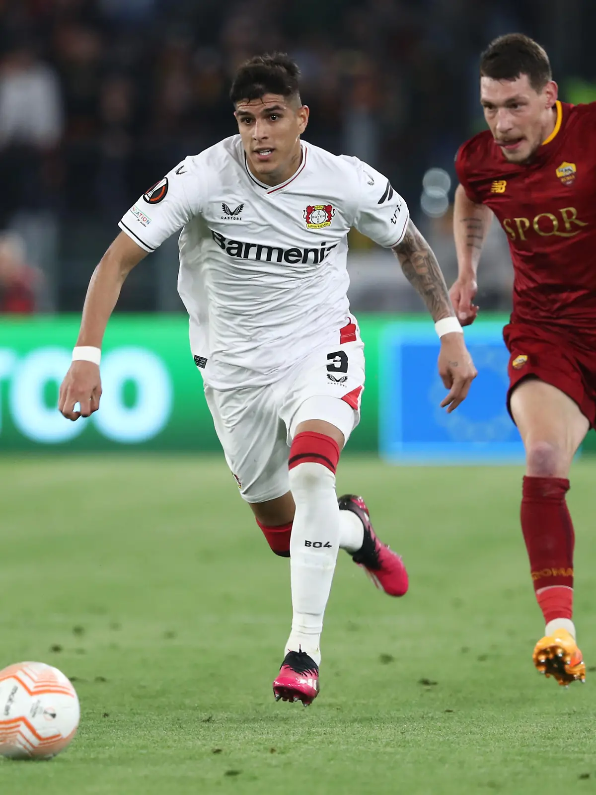 Rome, Italy 11.05.2023: Piero Hincaple of Leverkusen, Andrea Belotti of Roma in action during the UEFA EUROPA LEAGUE 2022/2023, semifinal football match AS Roma vs Bayer 04 Leverkusen at Olympic stadium in Rome, Italy.