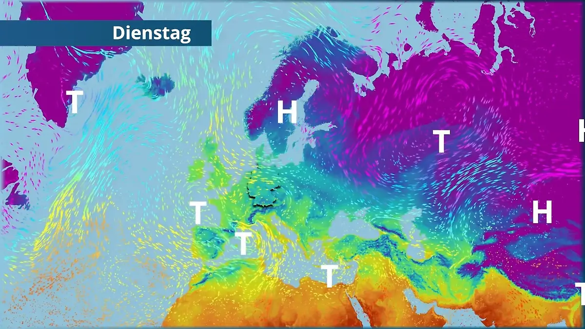 Frost und eisiger Wind - trockene Hochdrucklage lässt uns zittern Der Strömungsfilm für Europa für 5 Tage