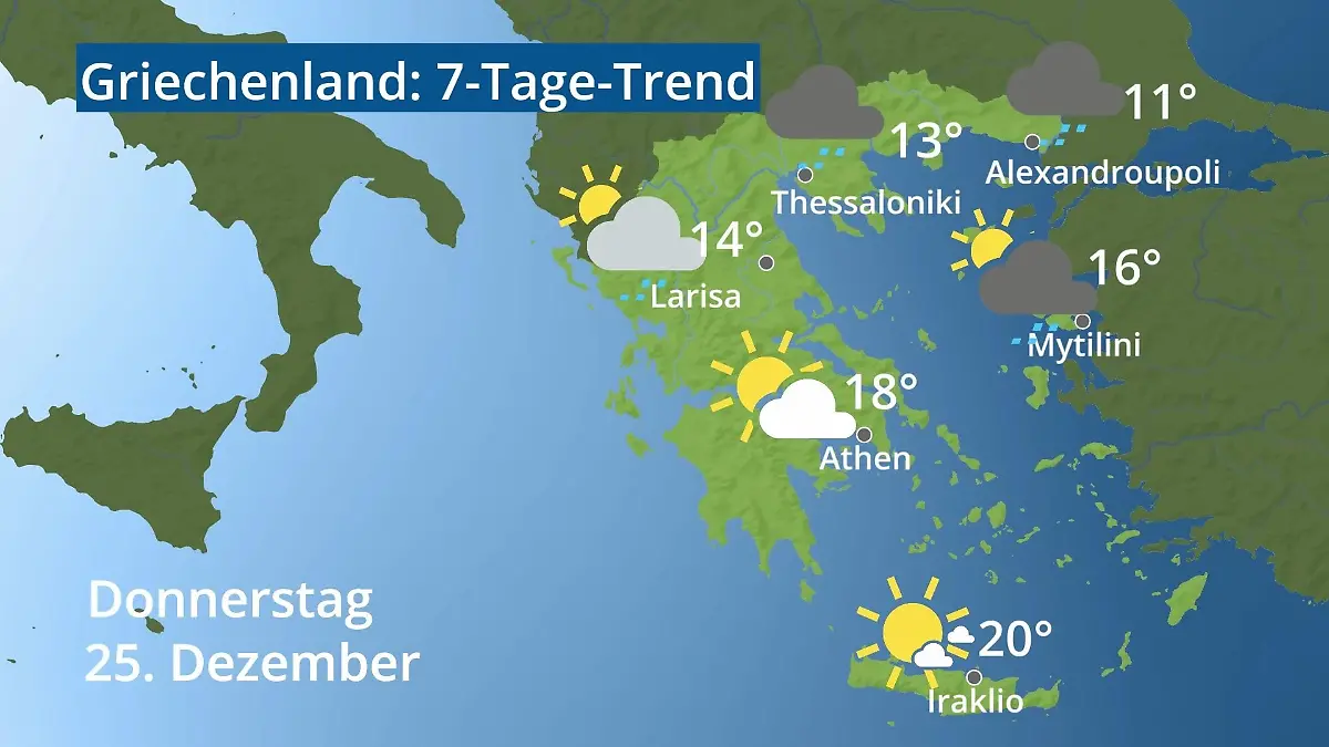 Griechenland: Wie wird das Wetter? Video 7-Tage-Trend: Athen, Kreta, Lesbos