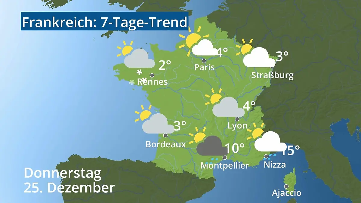 Frankreich: Wie wird das Wetter? Video 7-Tage-Trend: Paris, Straßburg, Nizza, Korsika