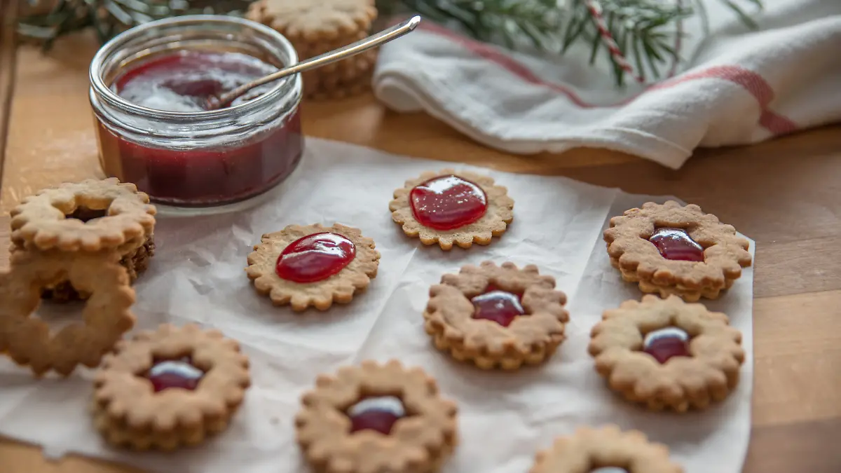 Linzer Plätzchen auf einer Serviette, manche bereits zugedeckt, manche noch offen mit Marmelade beträufelt