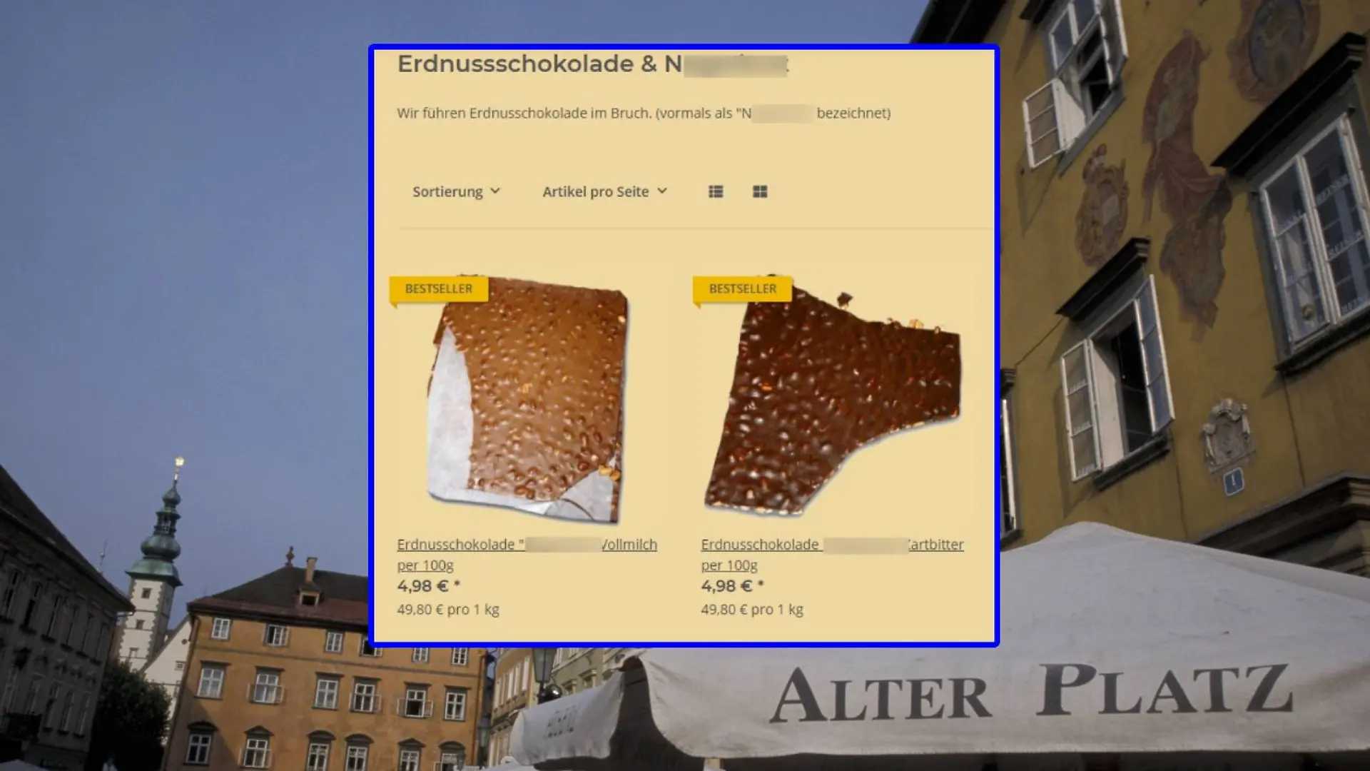 Screenhot vom Zehrer-Onlineshop (kleines Foto); Innenstadt von Klagenfurt (Hintergrund)