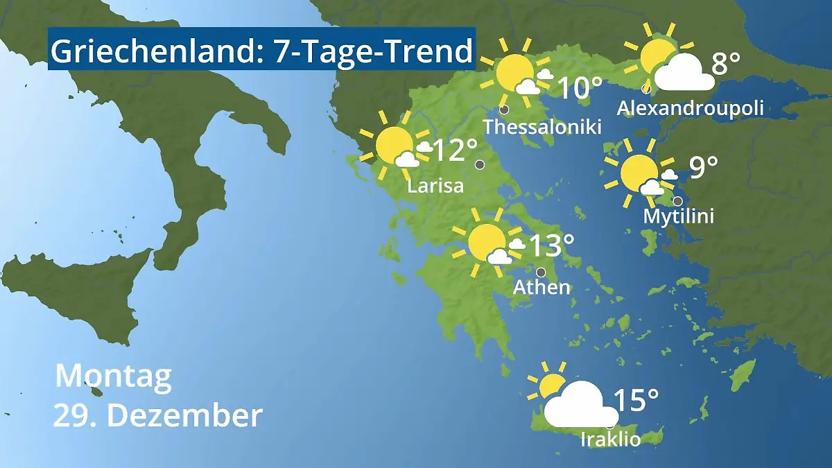 Griechenland: Wie wird das Wetter? Video 7-Tage-Trend: Athen, Kreta, Lesbos