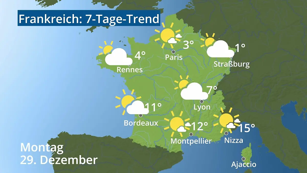 Frankreich: Wie wird das Wetter? Video 7-Tage-Trend: Paris, Straßburg, Nizza, Korsika