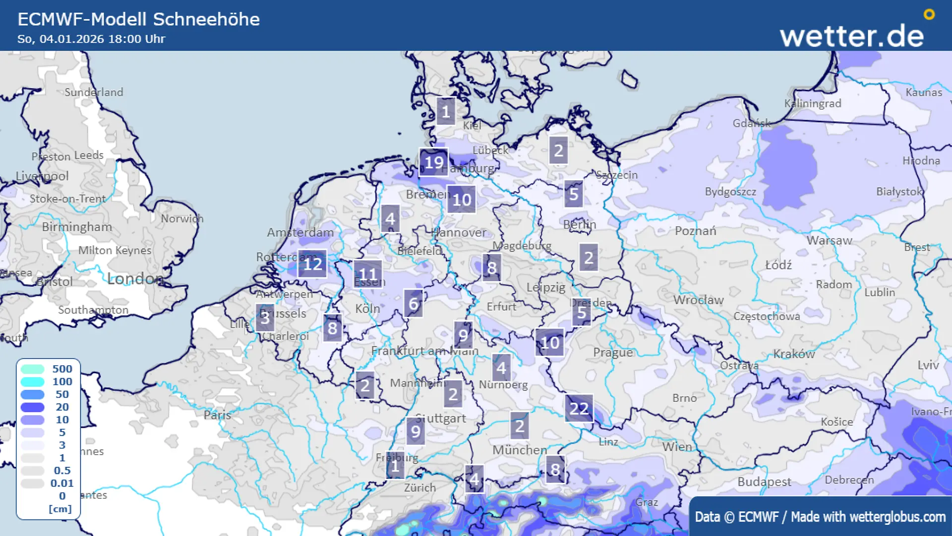 Schneehöhen am Sonntag, 04.01.2025