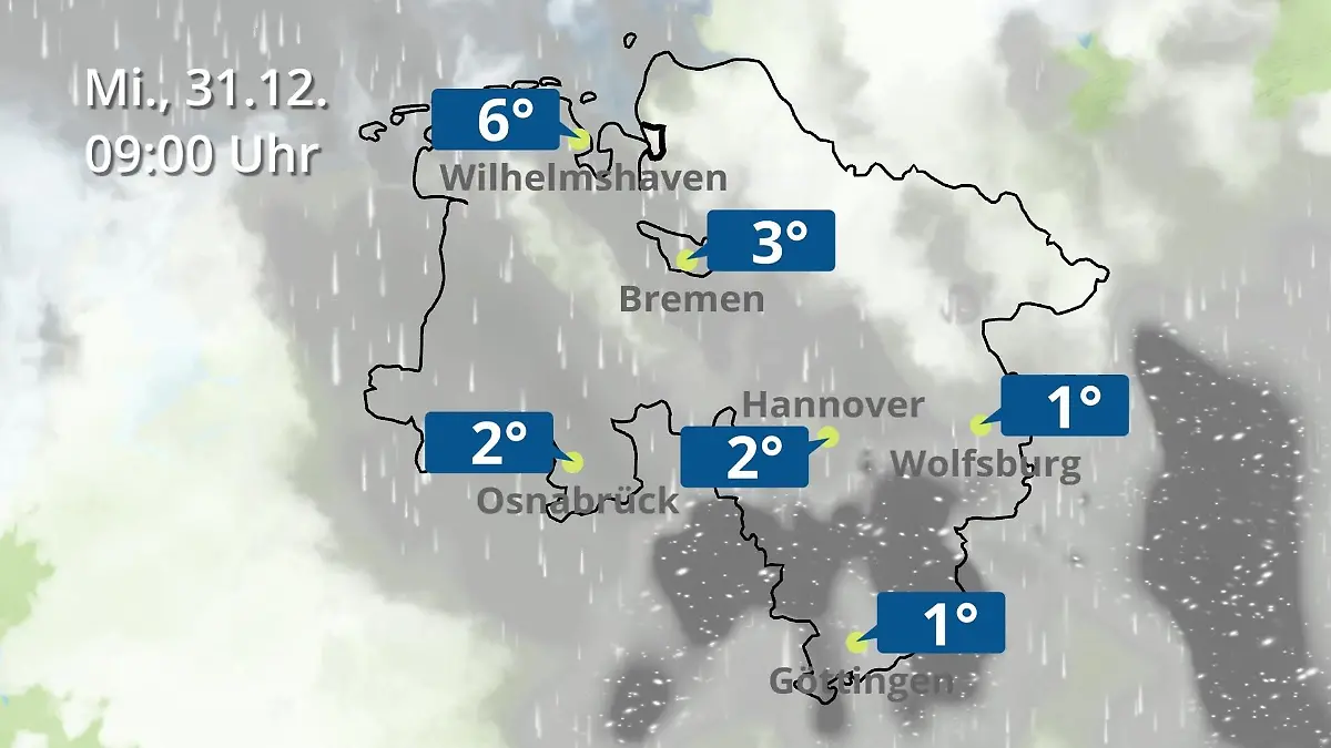 Bremen und Niedersachsen: Wie wird das Wetter? Regen- und Wolkenfilm für Hannover, Osnabrück und Wolfsburg