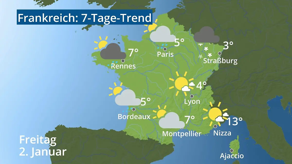 Frankreich: Wie wird das Wetter? Video 7-Tage-Trend: Paris, Straßburg, Nizza, Korsika