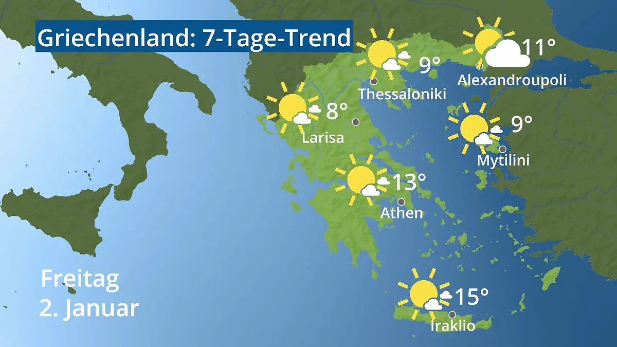 Griechenland: Wie wird das Wetter? Video 7-Tage-Trend: Athen, Kreta, Lesbos