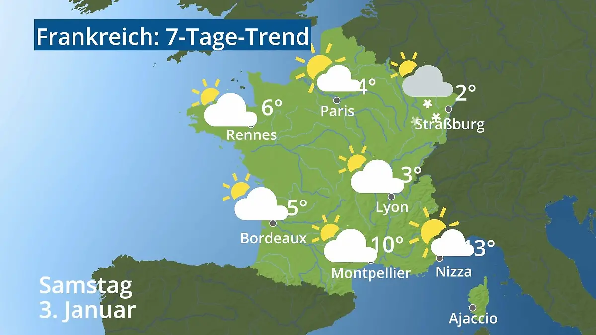 Frankreich: Wie wird das Wetter? Video 7-Tage-Trend: Paris, Straßburg, Nizza, Korsika