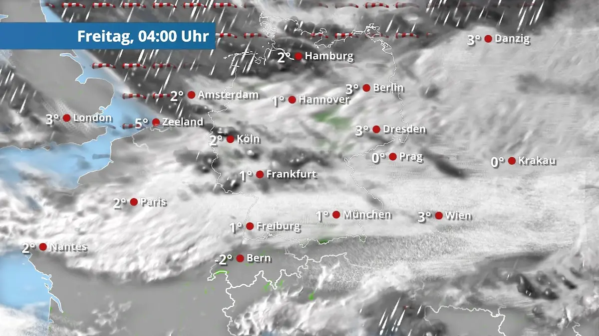 Regen und Schnee ziehen jetzt ins Land Der Regen- und Wolkenfilm für 48 Stunden