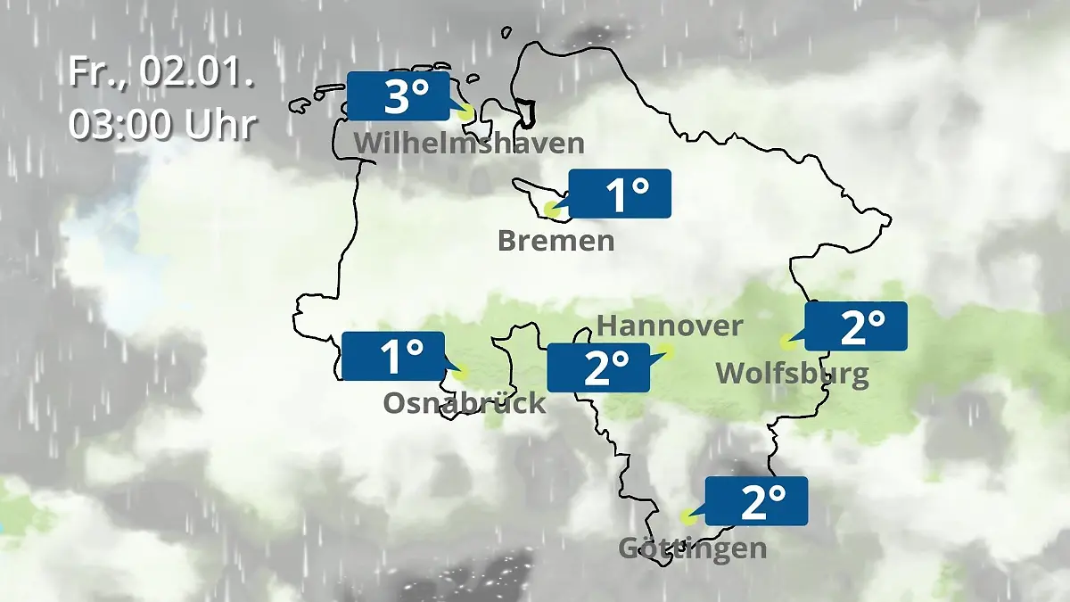 Bremen und Niedersachsen: Wie wird das Wetter? Regen- und Wolkenfilm für Hannover, Osnabrück und Wolfsburg