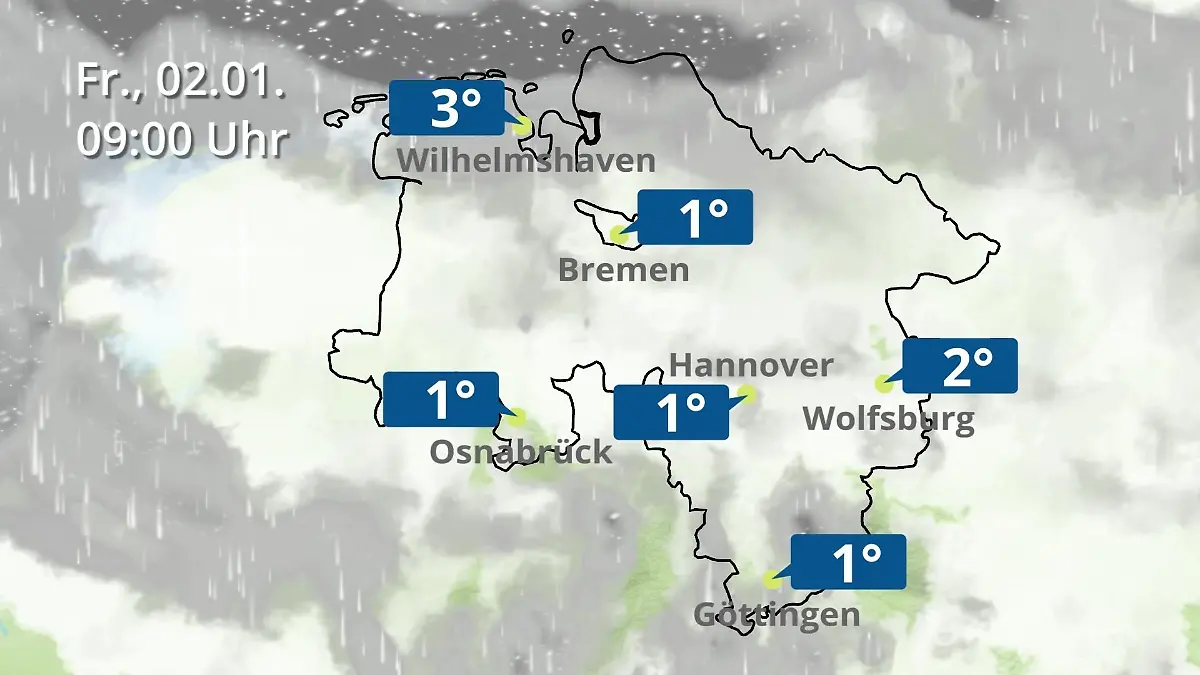 Bremen und Niedersachsen: Wie wird das Wetter? Regen- und Wolkenfilm für Hannover, Osnabrück und Wolfsburg