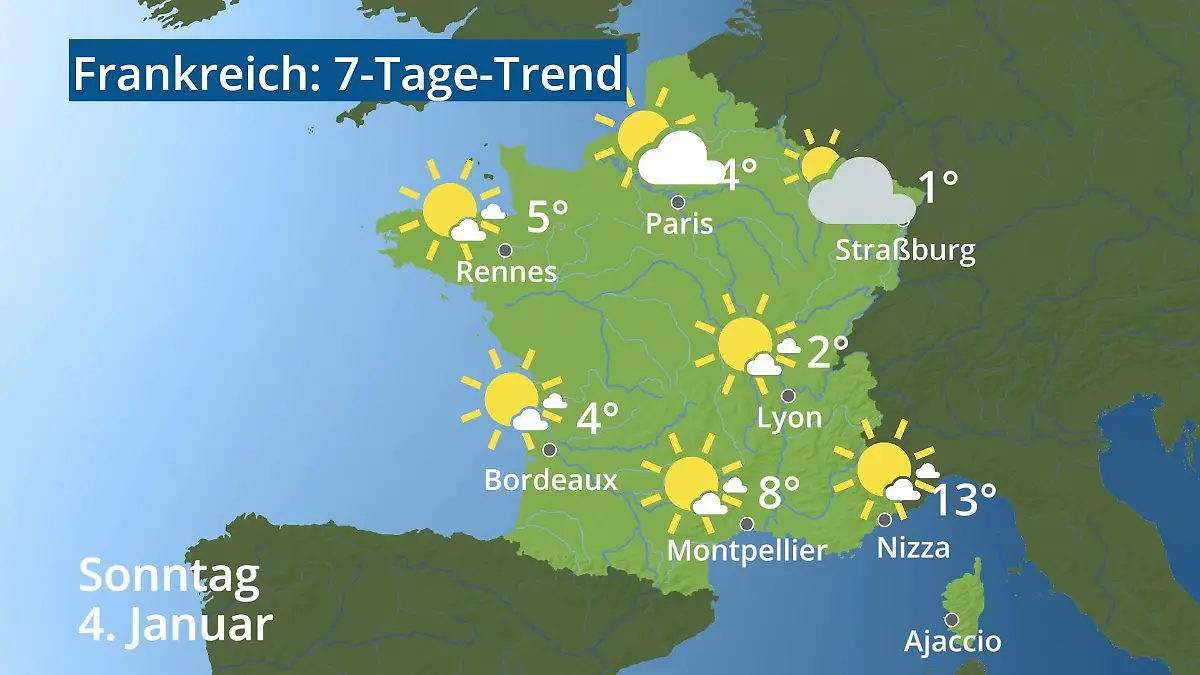 Frankreich: Wie wird das Wetter? Video 7-Tage-Trend: Paris, Straßburg, Nizza, Korsika