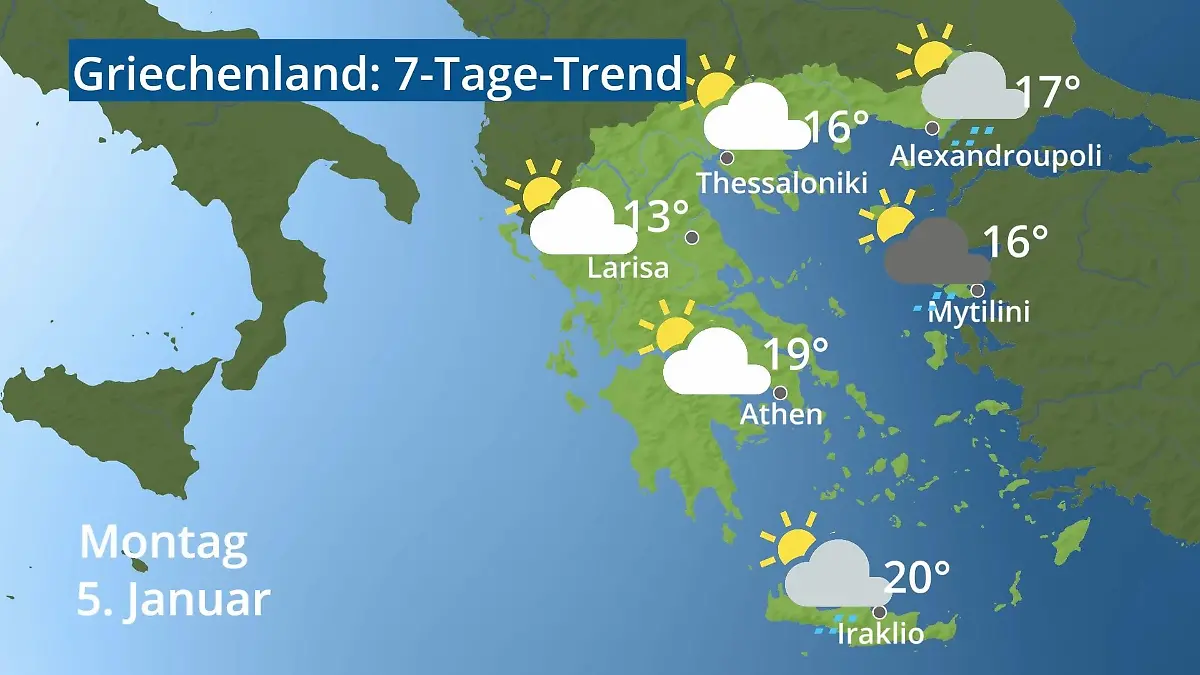 Griechenland: Wie wird das Wetter? Video 7-Tage-Trend: Athen, Kreta, Lesbos