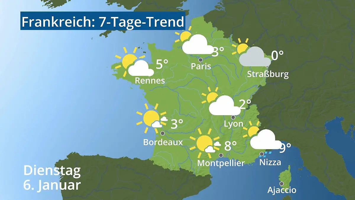 Frankreich: Wie wird das Wetter? Video 7-Tage-Trend: Paris, Straßburg, Nizza, Korsika