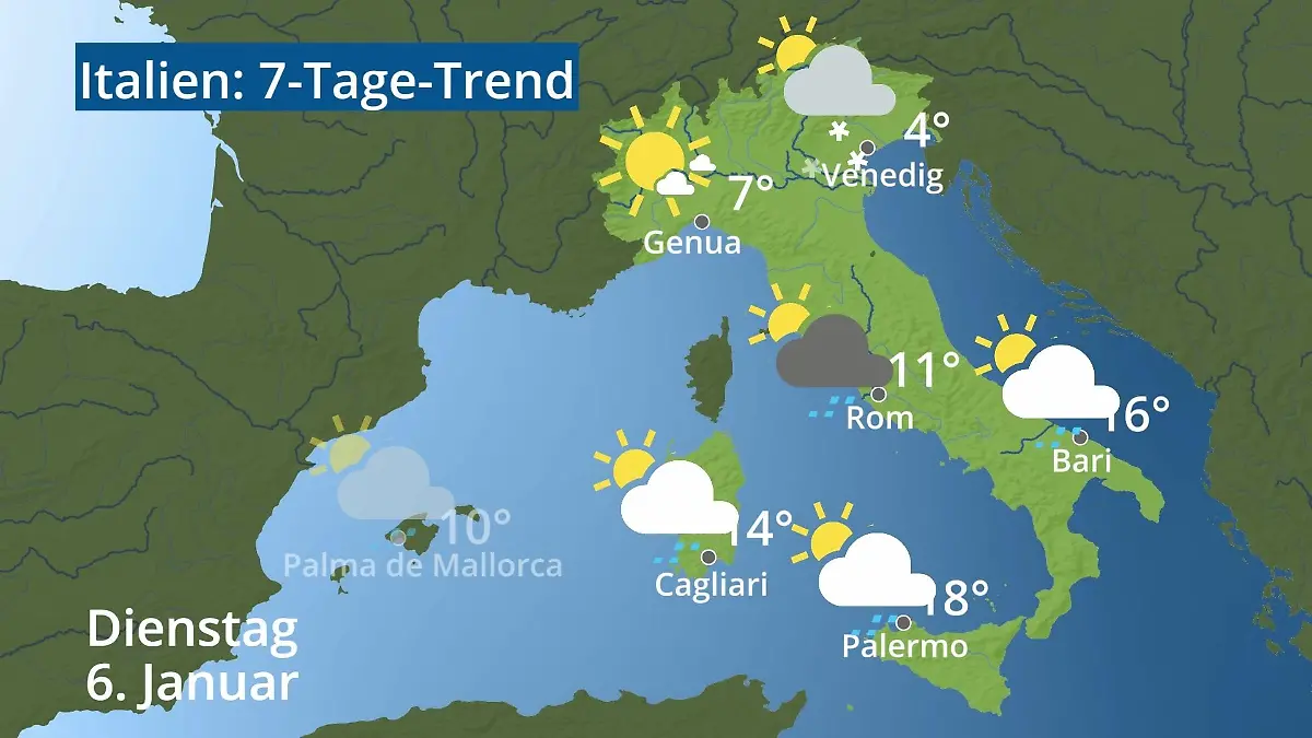 Italien: Wie wird das Wetter? Video 7-Tage-Trend: Rom, Venedig, Sizilien, Sardinien