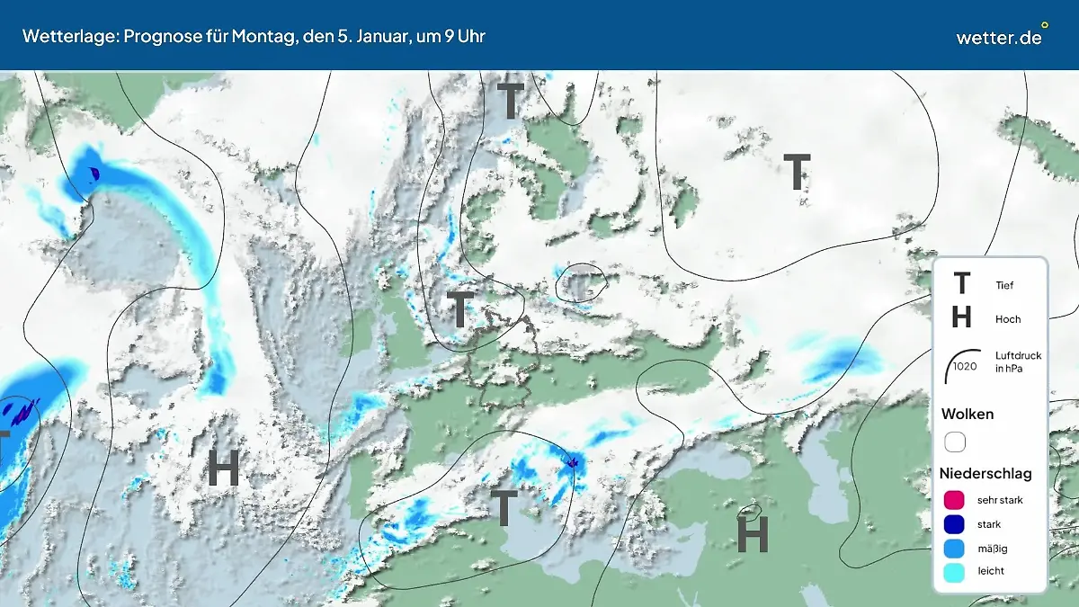 Die Wetterlage der kommenden 5 Tage Hochs und Tiefs über Europa