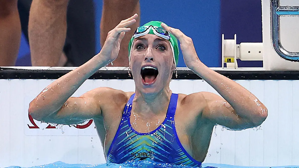 TOKYO, JAPAN - JULY 30: Tatjana Schoenmaker of Team South Africa reacts after winning the gold medal and breaking the world record after competing in the Women's 200m Breaststroke Final on day seven of the Tokyo 2020 Olympic Games at Tokyo Aquatics Centre on July 30, 2021 in Tokyo, Japan. (Photo by Maddie Meyer/Getty Images)