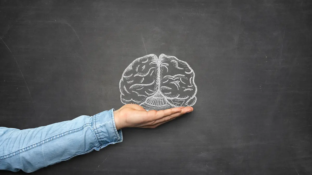 Brain and hand front of blackboard