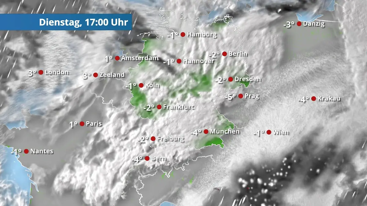 Meist bedeckt mit Schnee im Norden Der Regen- und Wolkenfilm für 48 Stunden