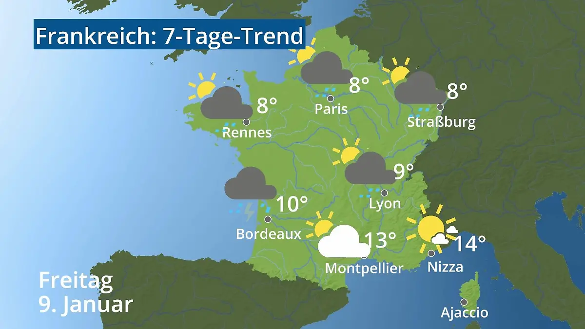 Frankreich: Wie wird das Wetter? Video 7-Tage-Trend: Paris, Straßburg, Nizza, Korsika