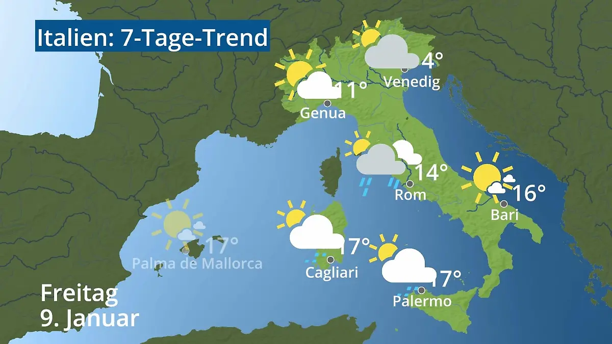 Italien: Wie wird das Wetter? Video 7-Tage-Trend: Rom, Venedig, Sizilien, Sardinien