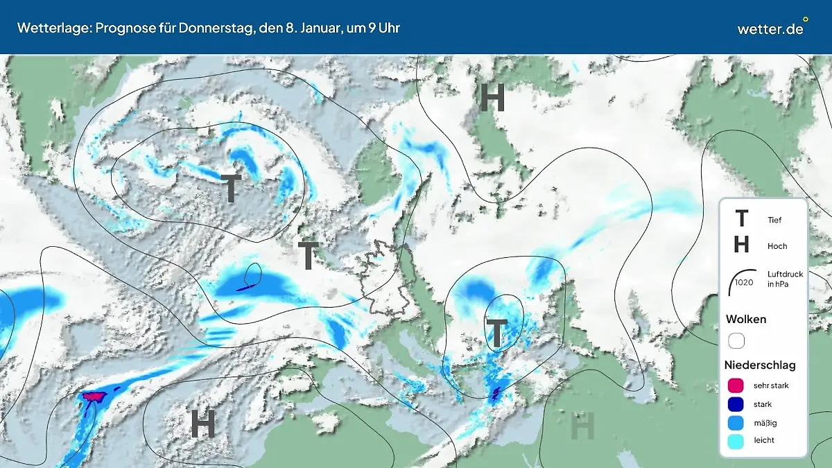 Die Wetterlage der kommenden 5 Tage Hochs und Tiefs über Europa