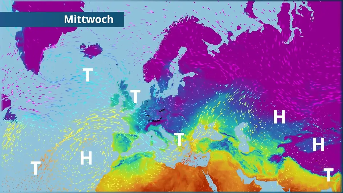 Grenzwetterlage mit kaltem Wochenende Der Strömungsfilm für Europa für 5 Tage