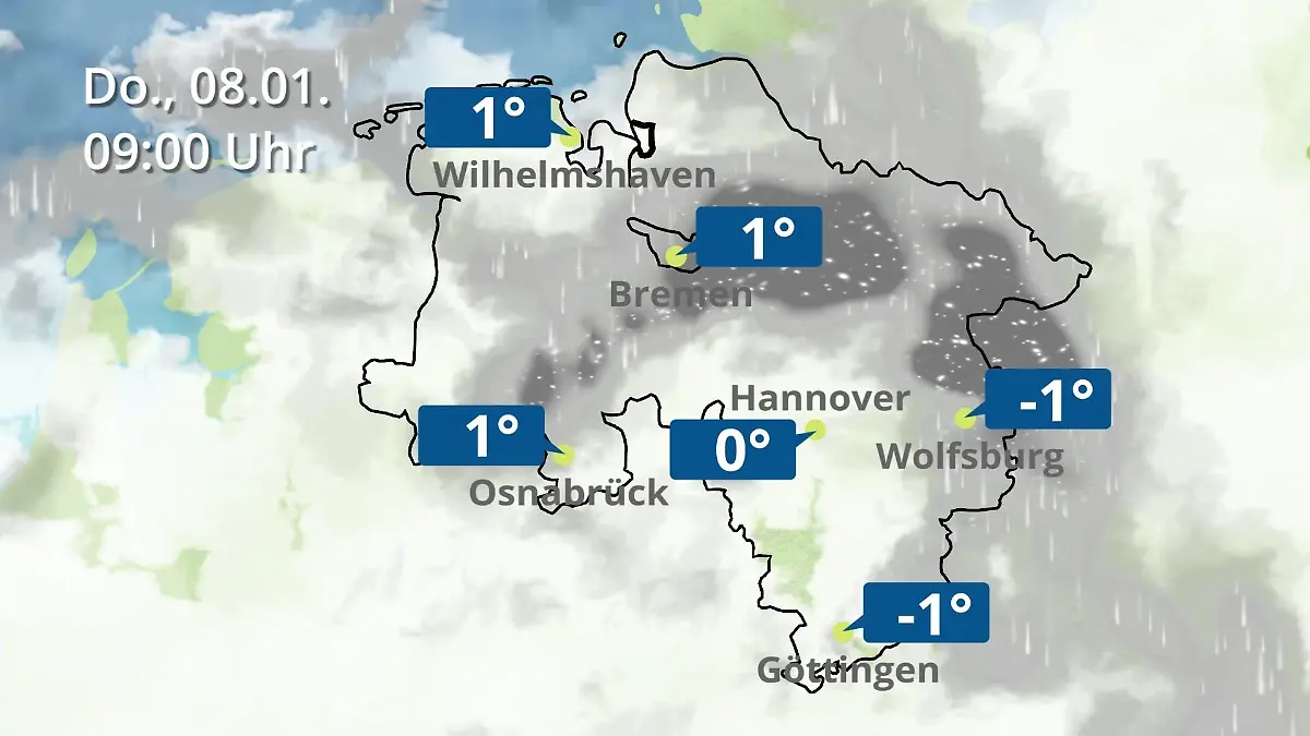 Bremen und Niedersachsen: Wie wird das Wetter? Regen- und Wolkenfilm für Hannover, Osnabrück und Wolfsburg