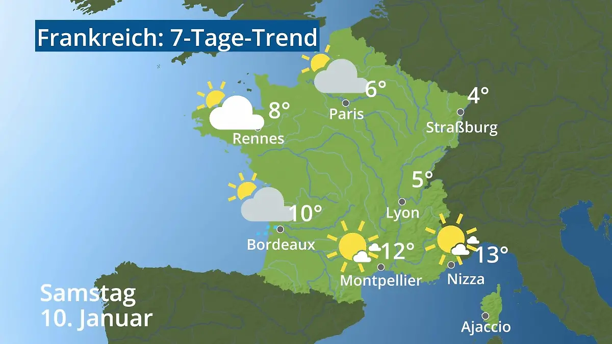 Frankreich: Wie wird das Wetter? Video 7-Tage-Trend: Paris, Straßburg, Nizza, Korsika