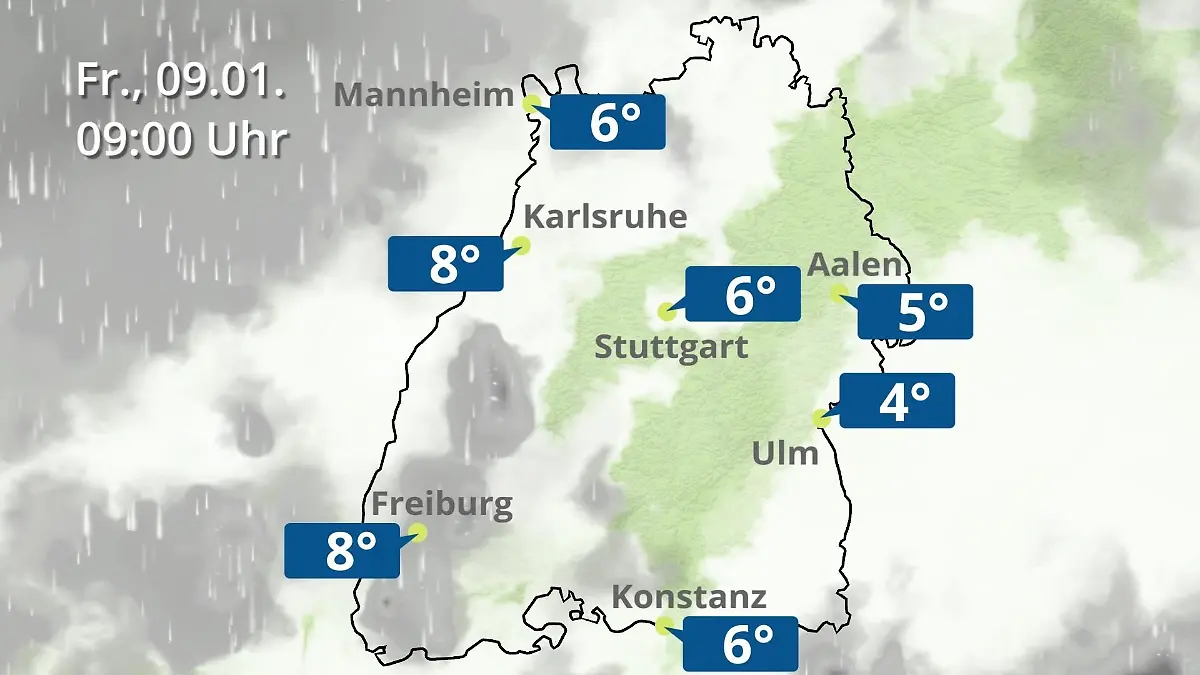 Baden-Württemberg: Wie wird das Wetter? Regen- und Wolkenfilm für Stuttgart, Mannheim und Karlsruhe