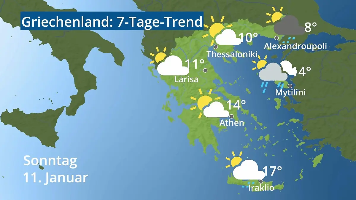 Griechenland: Wie wird das Wetter? Video 7-Tage-Trend: Athen, Kreta, Lesbos