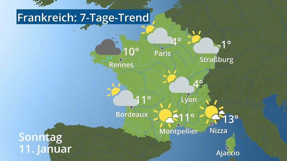 Frankreich: Wie wird das Wetter? Video 7-Tage-Trend: Paris, Straßburg, Nizza, Korsika