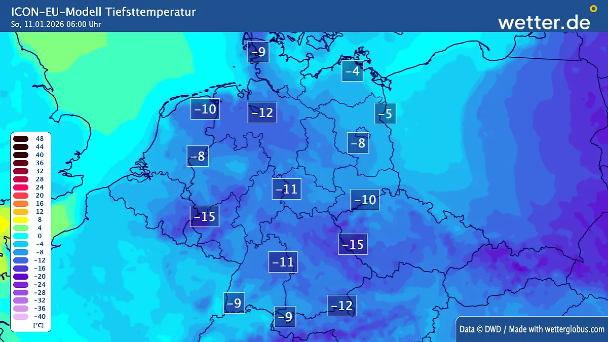Unter Aufklarungen und über Schnee gibt es strengen Frost bis um die -15 Grad!
