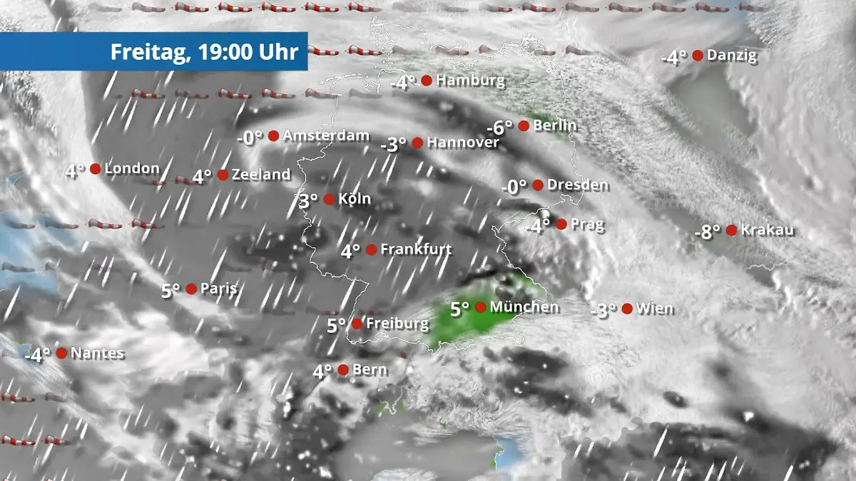 Schnee breitet sich jetzt wieder südwärts aus Der Regen- und Wolkenfilm für 48 Stunden