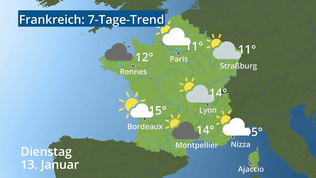 Frankreich: Wie wird das Wetter? Video 7-Tage-Trend: Paris, Straßburg, Nizza, Korsika