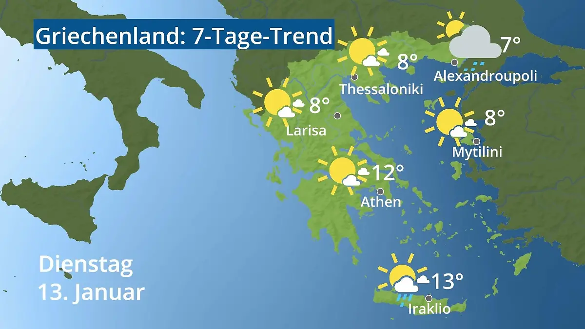 Griechenland: Wie wird das Wetter? Video 7-Tage-Trend: Athen, Kreta, Lesbos