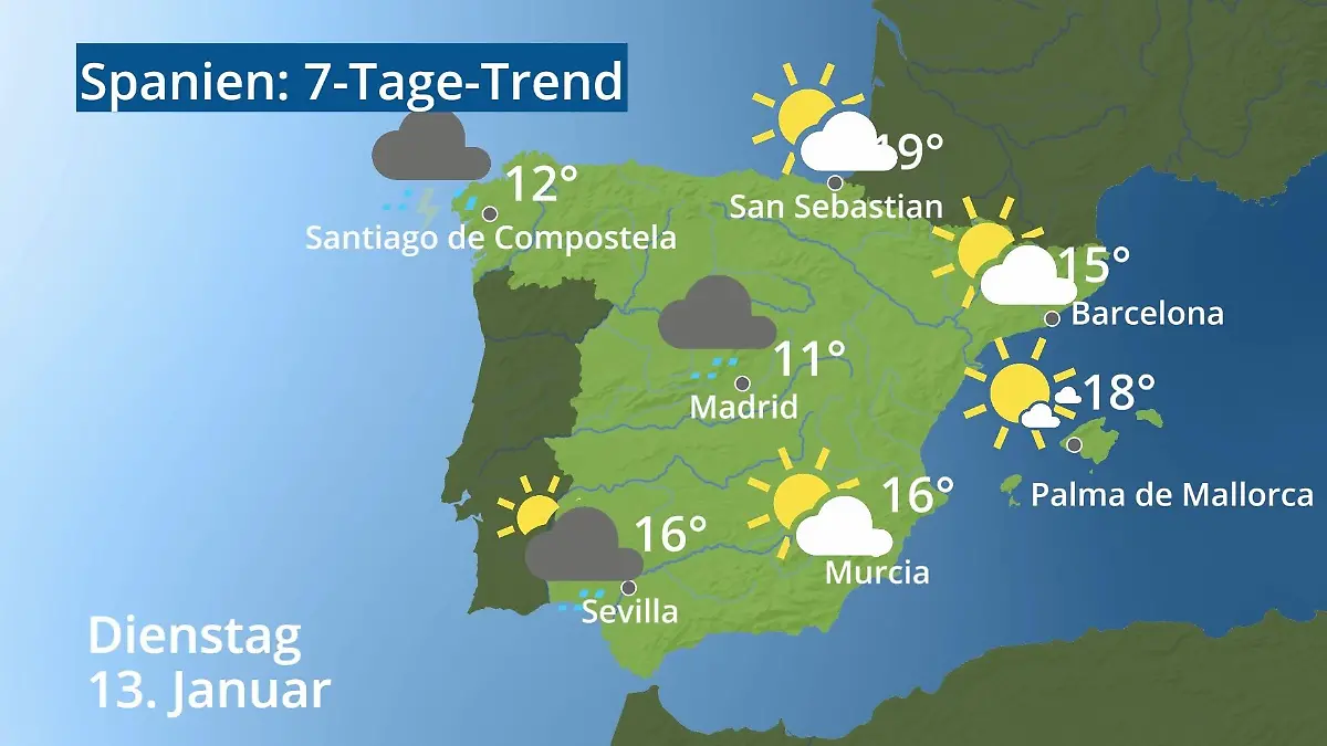 Spanien: Wie wird das Wetter? Video 7-Tage-Trend: Mallorca, Madrid, Barcelona