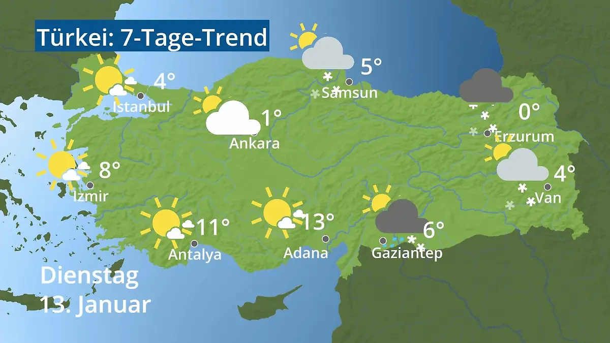 Türkei: Wie wird das Wetter? Video 7-Tage-Trend: Ankara, Istanbul, Izmir