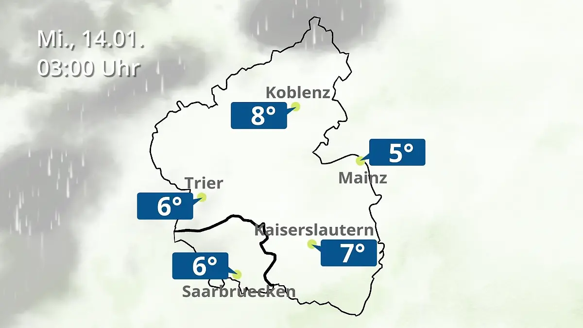 Rheinland-Pfalz, Saarland: Wie wird das Wetter? Regen- und Wolkenfilm für Mainz, Koblenz und Trier