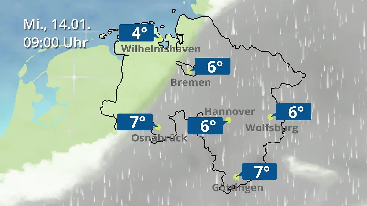 Bremen und Niedersachsen: Wie wird das Wetter? Regen- und Wolkenfilm für Hannover, Osnabrück und Wolfsburg