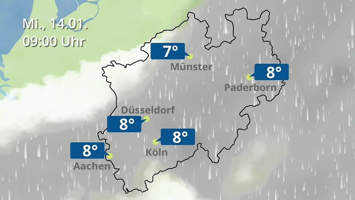 Nordrhein-Westfalen: Wie wird das Wetter? Regen- und Wolkenfilm für Köln, Düsseldorf und Münster