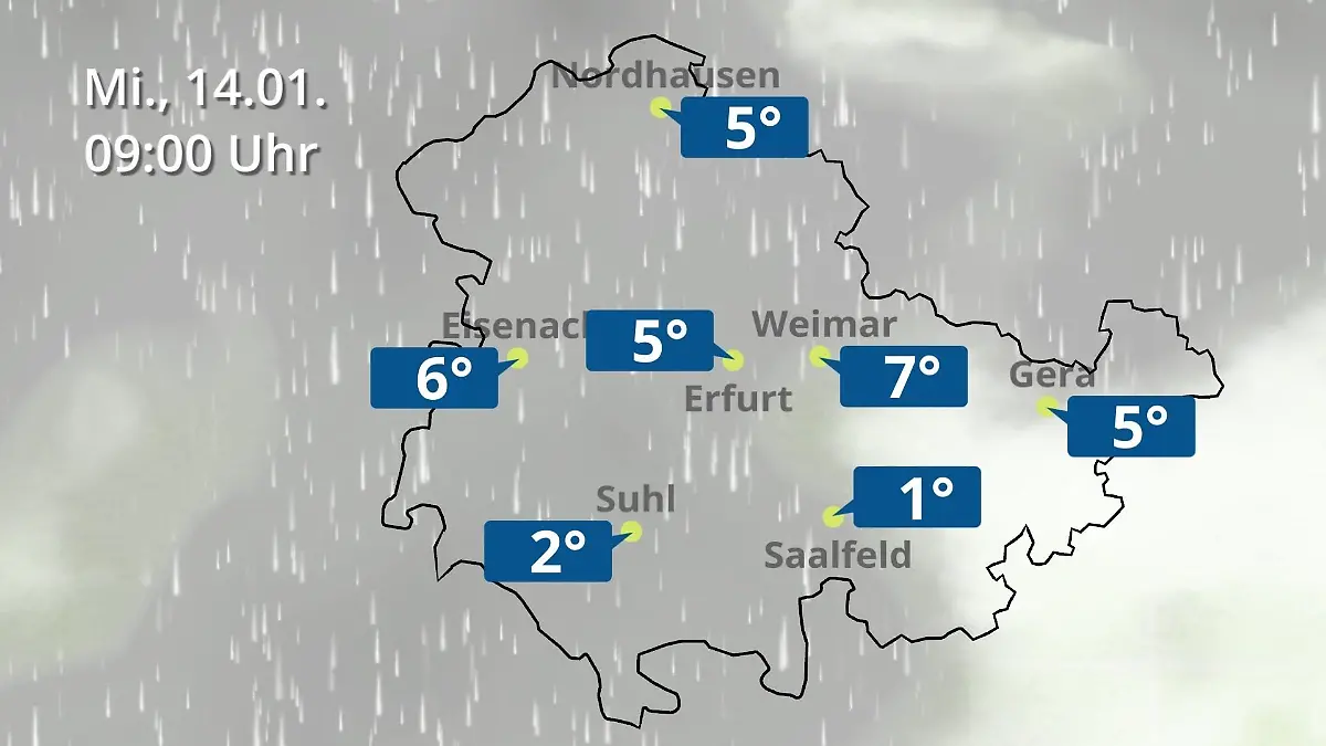 Thüringen: Wie wird das Wetter? Regen- und Wolkenfilm für Erfurt, Gera und Eisenach