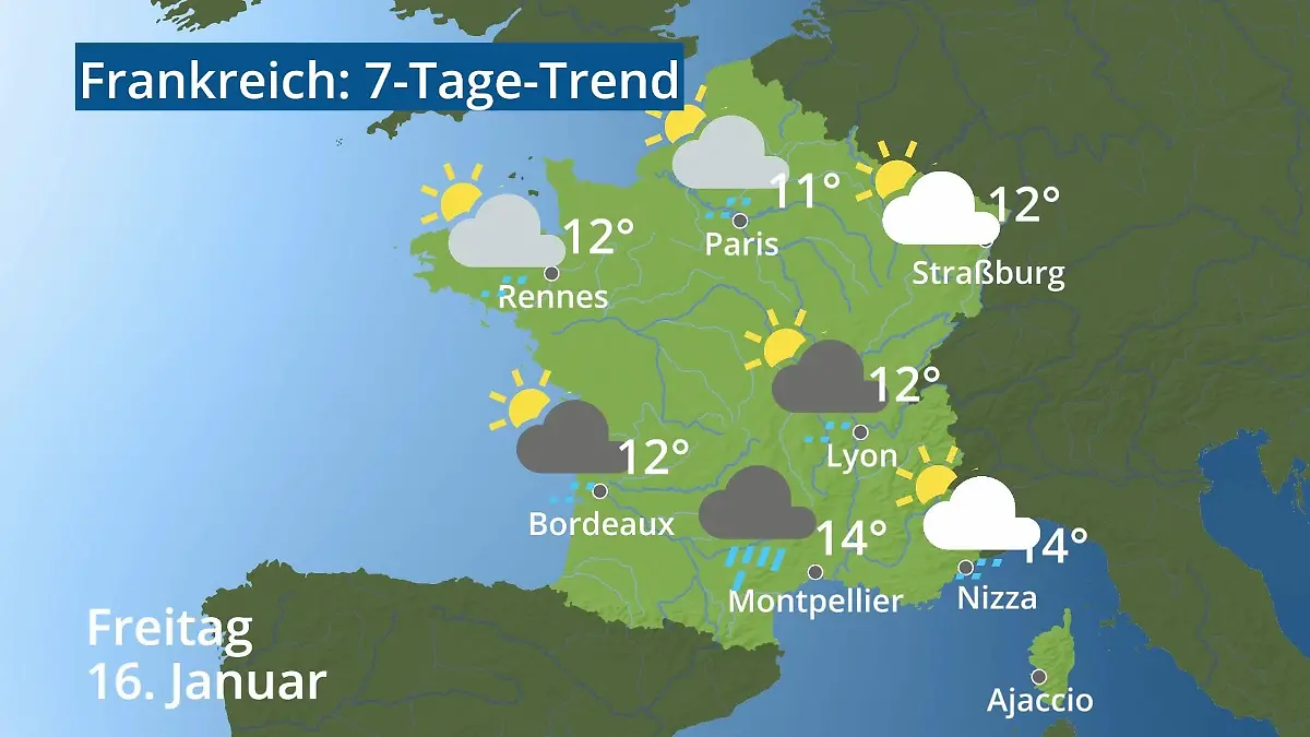 Frankreich: Wie wird das Wetter? Video 7-Tage-Trend: Paris, Straßburg, Nizza, Korsika