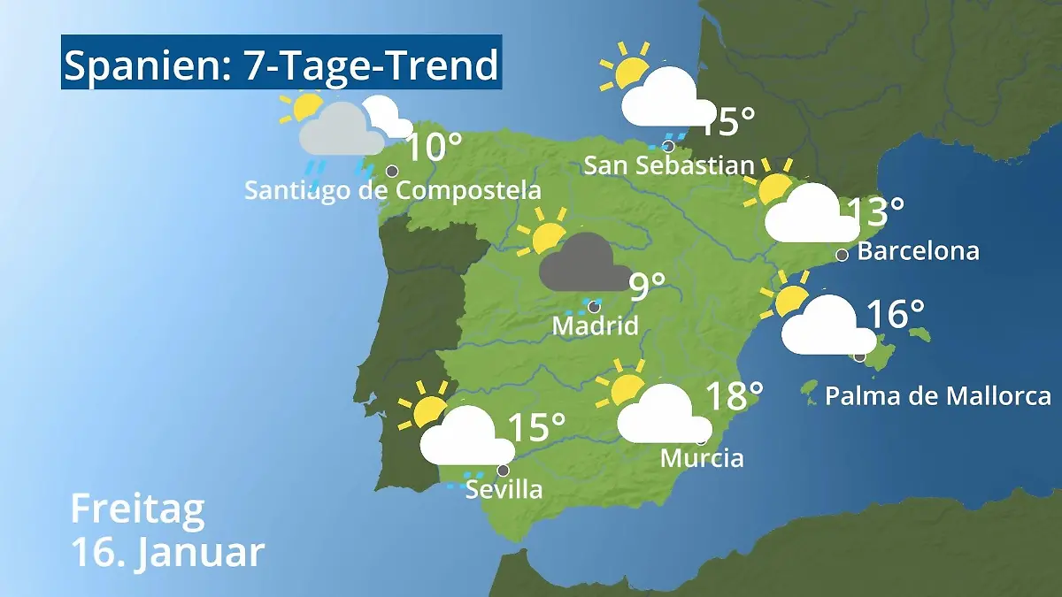 Spanien: Wie wird das Wetter? Video 7-Tage-Trend: Mallorca, Madrid, Barcelona