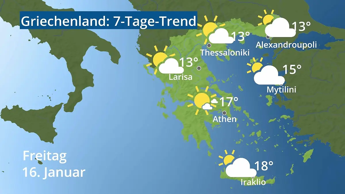 Griechenland: Wie wird das Wetter? Video 7-Tage-Trend: Athen, Kreta, Lesbos