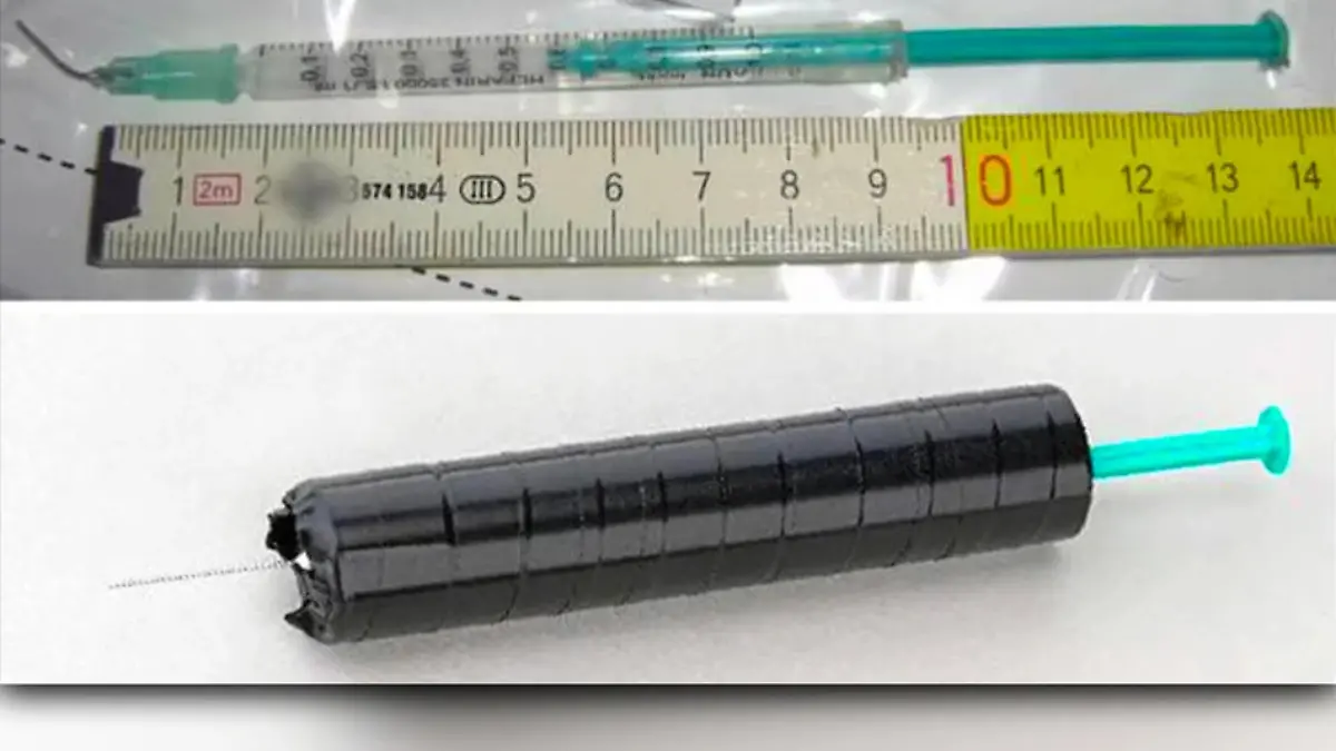 Ein Bild von der Tatwaffe: Diese Spritze befand sich am Ende des Regenschirms.