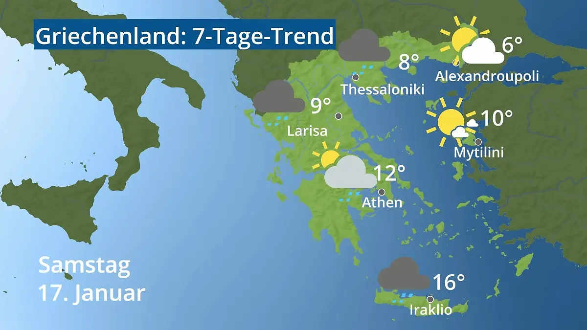 Griechenland: Wie wird das Wetter? Video 7-Tage-Trend: Athen, Kreta, Lesbos